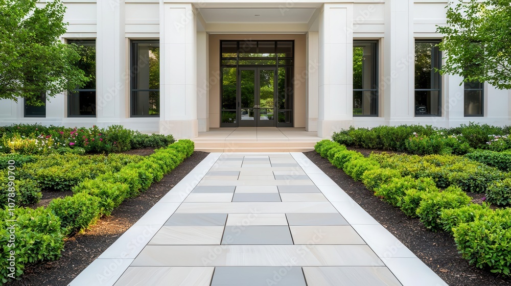 Obraz premium Office building surrounded by a serene garden, featuring sculpted shrubs and elegant stone pathways for a refined look