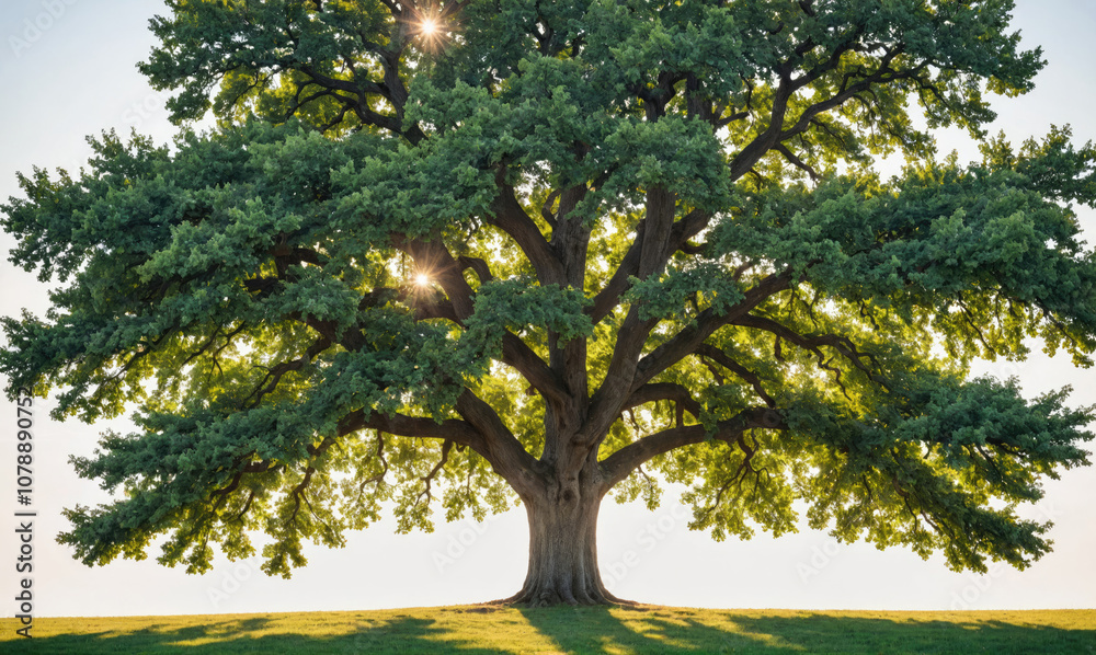 Fototapeta premium A large, green oak tree stands tall in a field, its branches reaching out to the sky