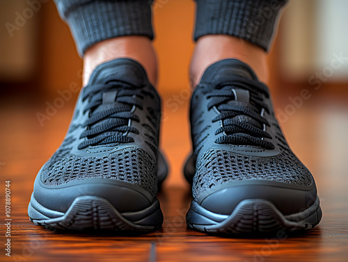 Close-up of black athletic shoes on wood floor. photo