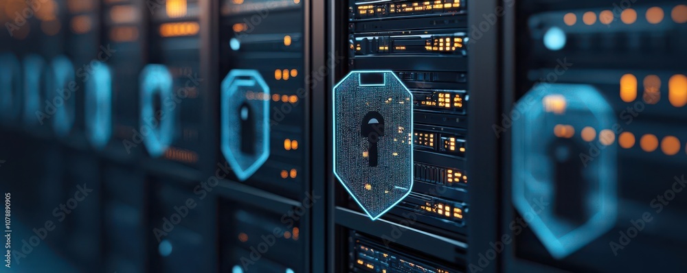 Data vulnerability alert, holographic privacy shield, floating security locks, modern tech environment, blue hues Data vulnerability alert, holographic privacy shield, floating security locks, modern tech environment, blue hues