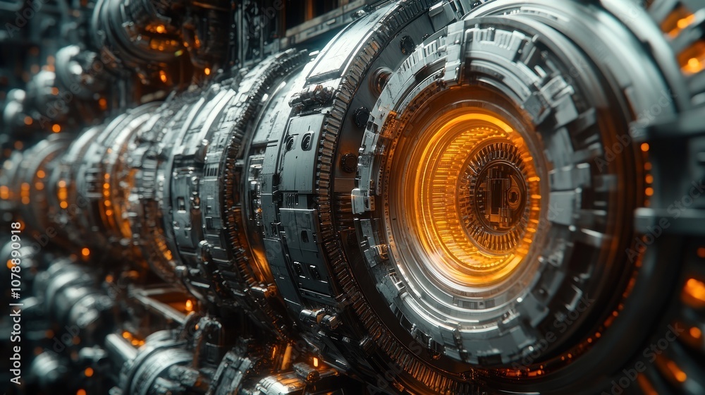 Intricate machinery with glowing components in a futuristic design. Intricate machinery with glowing components in a futuristic design.