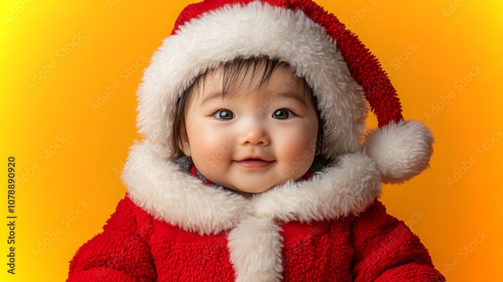 Adorable Asian baby dressed in a festive Santa outfit smiling in front of a bright orange background Adorable Asian baby dressed in a festive Santa outfit smiling in front of a bright orange background