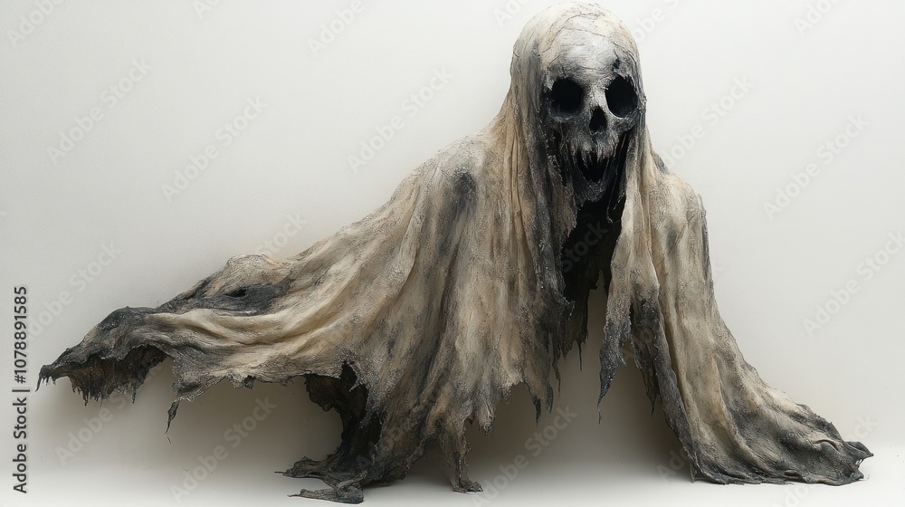A ghostly figure shrouded in tattered, flowing fabric. A ghostly figure shrouded in tattered, flowing fabric.