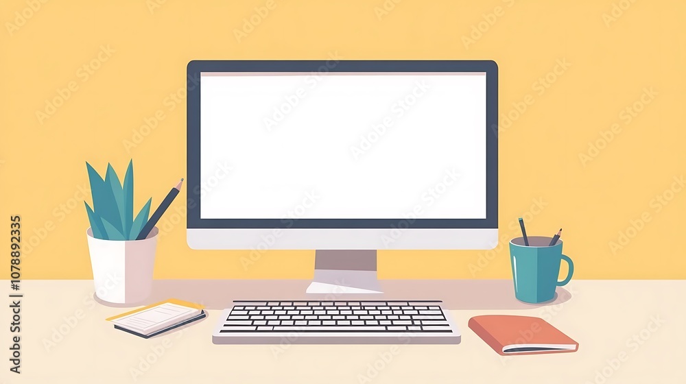 Computer mockup with blank screen in a minimalist workspace with keyboard and notebook Computer mockup with blank screen in a minimalist workspace with keyboard and notebook