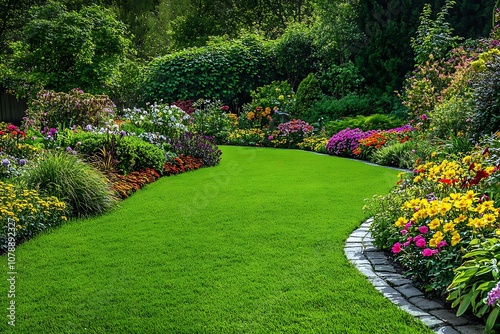 Fototapeta Naklejka Na Ścianę i Meble -  A peaceful garden filled with blooming flowers and greenery. Great for relaxation and nature themes.