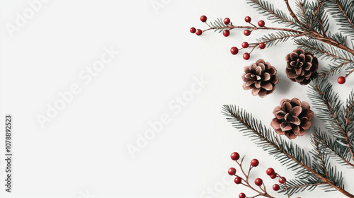 Festive pinecones and red berries create cheerful holiday atmosphere