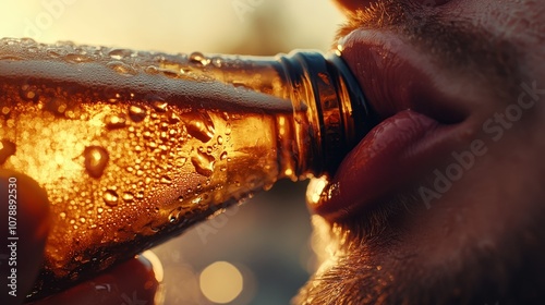 a cinematic photo of a pair of male lips drinking from a bottle of beer.