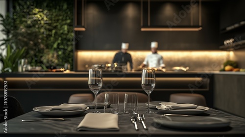 A beautiful elegantly set table with an open Kitchen in the background. Chefs preparing food in the open kitchen. Perfect for menu suggestions and Gastronomy themed content.