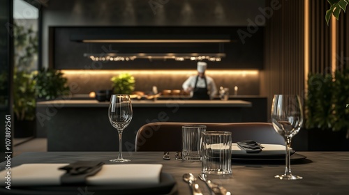 A beautiful elegantly set table with an open Kitchen in the background. Chefs preparing food in the open kitchen. Perfect for menu suggestions and Gastronomy themed content.