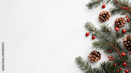 Festive pine branches with pine cones and red berries create cheerful holiday atmosphere