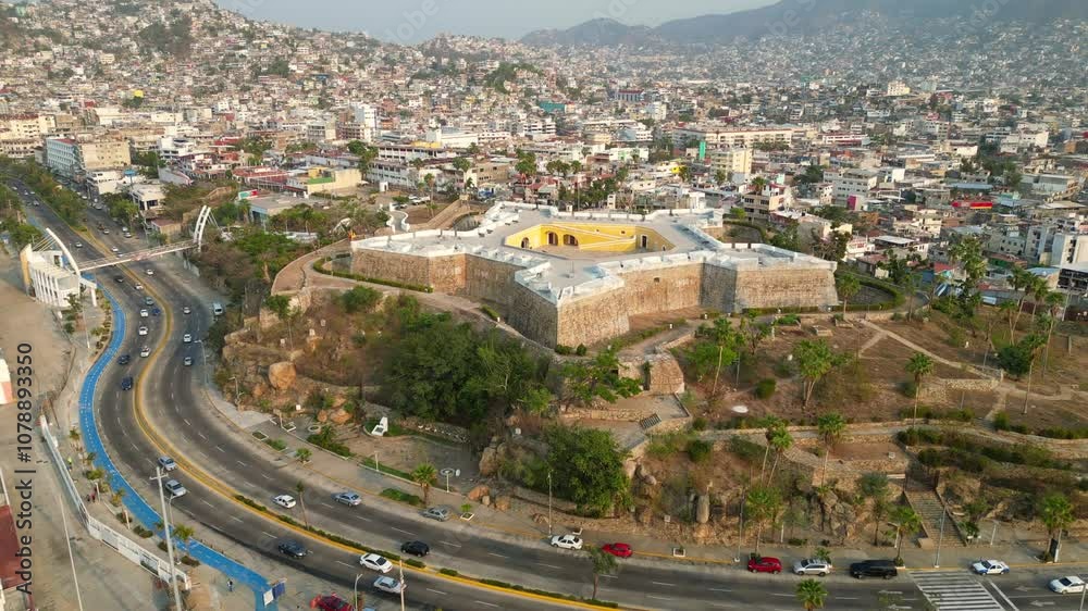 Aerial shot moving in reverse over the Fort of San Diego in Acapulco, with a view expanding towards the sea Aerial shot moving in reverse over the Fort of San Diego in Acapulco, with a view expanding towards the sea