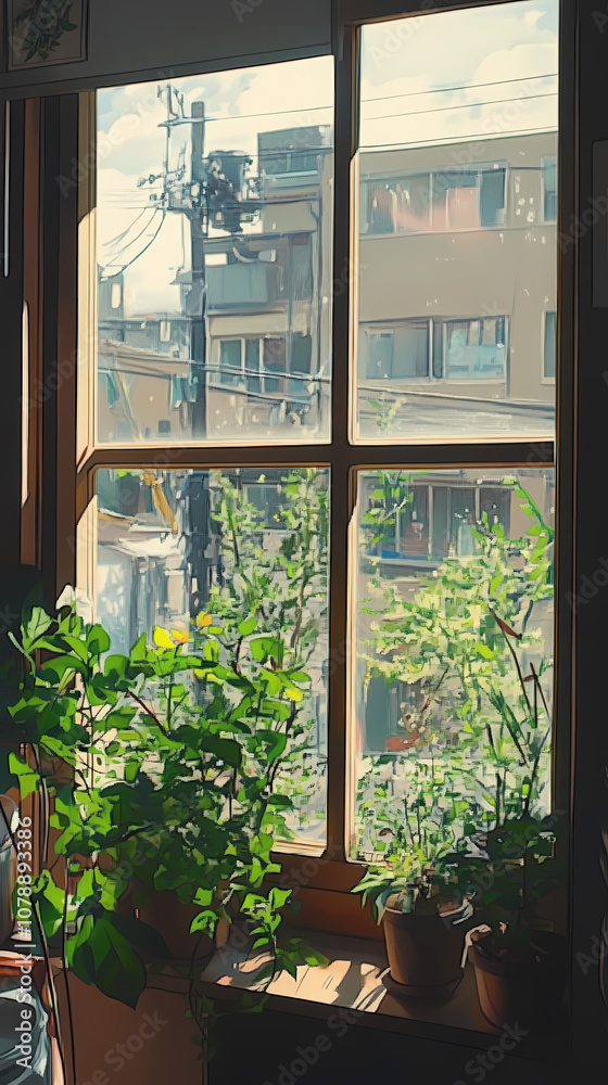 Nostalgic Anime Manga Art: Plant by the Window Illustration Nostalgic Anime Manga Art: Plant by the Window Illustration