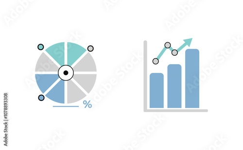 Minimalist data chart icons featuring a pie chart and bar graph with light blue and grey color accents, ideal for infographics and data visualization.