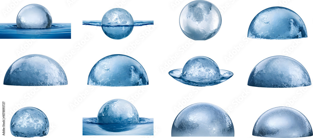 Fototapeta premium Collection of Transparent Spheres Floating on Water with Various Perspectives and Reflections Capturing Light and Texture in a Serene Aquatic Environment