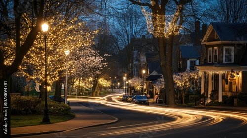 Enchanting Nightscape of a Charming Neighborhood with Sparkling Trees and Gentle Curves of a Winding Street Under Dim Streetlights