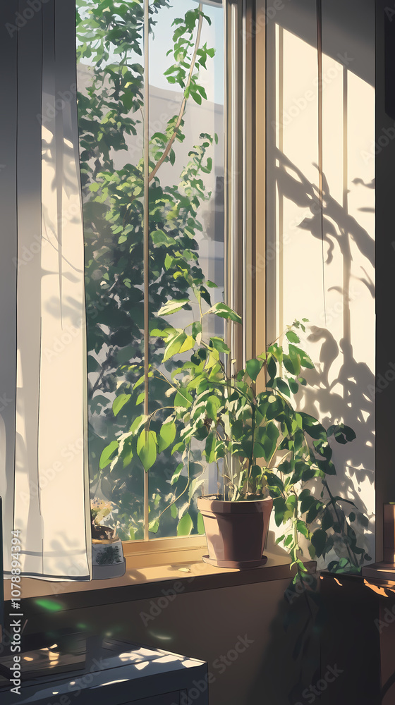 Nostalgic Anime Manga Art: Plant by the Window Illustration Nostalgic Anime Manga Art: Plant by the Window Illustration