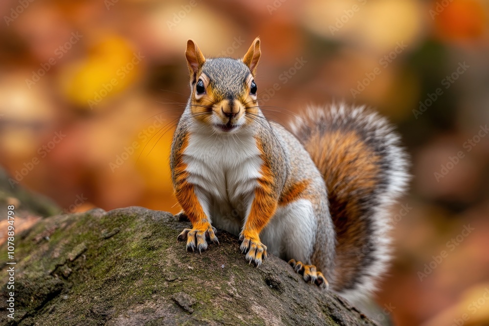 A curious squirrel with a bushy tail, perched on a mossy tree branch, looking directly at the camera against a backdrop of vibrant autumn leaves. A curious squirrel with a bushy tail, perched on a mossy tree branch, looking directly at the camera against a backdrop of vibrant autumn leaves.