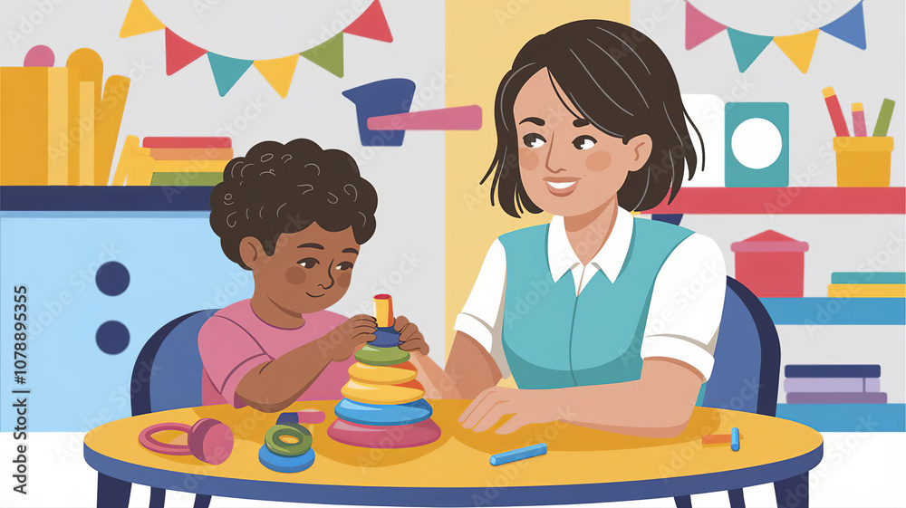 Child assembling a stacking ring toy (pyramid) with illustration. Fine motor skills, early childhood education, generative ai