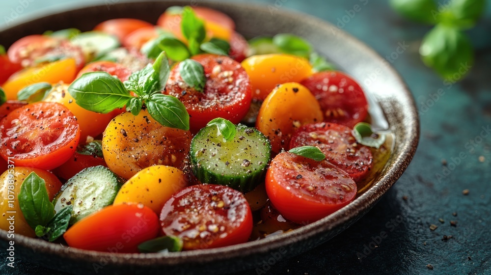 Fresh salad with colorful tomatoes and cucumbers garnished with herbs. Fresh salad with colorful tomatoes and cucumbers garnished with herbs.