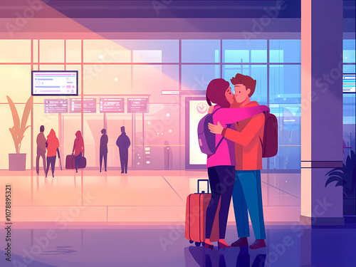 AI-Generated image of A couple hugging in an airport. One of them has a backpack. There are other people in the background