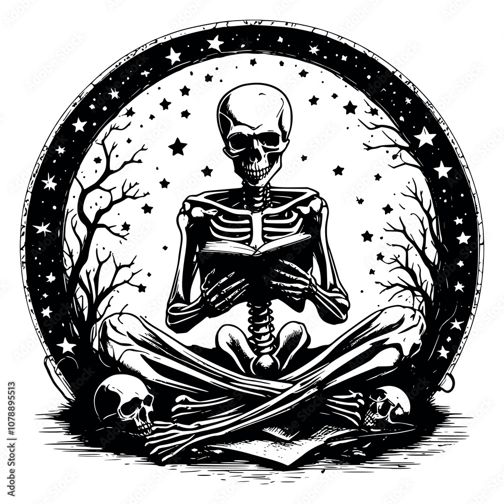 Skeleton Reading A Book Silhouette black vector the white background Skeleton Reading A Book Silhouette black vector the white background