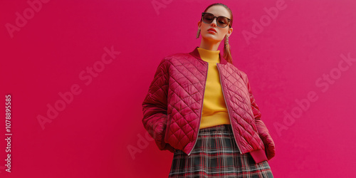 Fashionable woman in pink jacket against a vibrant pink background photo