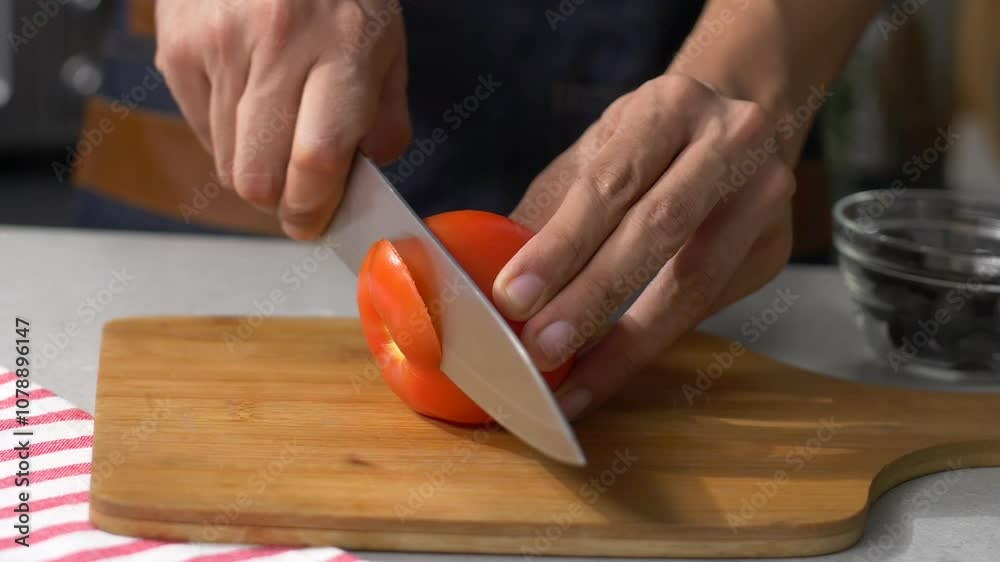 Slow-Motion Shot of a Man Carefully Slicing Fresh, Ripe Tomatoes on a Wooden Cutting Board, Showcasing Vibrant Colors, Precision Knife Skills, and Rustic Charm in a Culinary Kitchen Setting Slow-Motion Shot of a Man Carefully Slicing Fresh, Ripe Tomatoes on a Wooden Cutting Board, Showcasing Vibrant Colors, Precision Knife Skills, and Rustic Charm in a Culinary Kitchen Setting