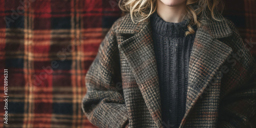 Autumn fashion portrait of a woman in tweed coat against plaid background