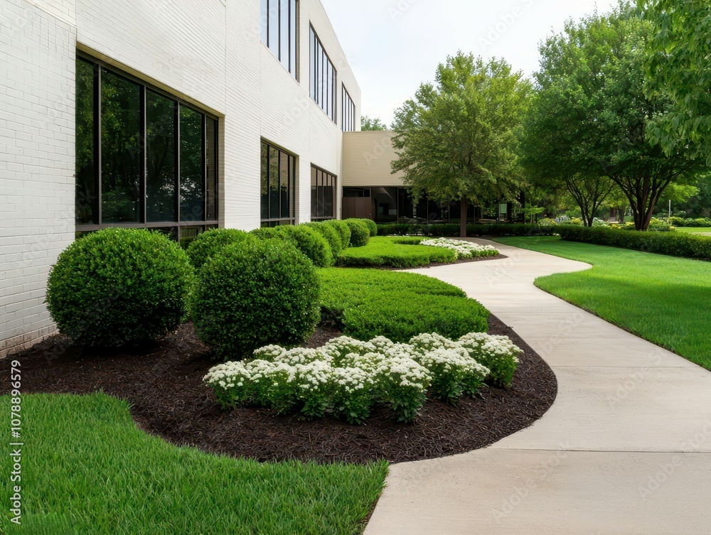 Office building surrounded by an elegant garden, featuring wellmaintained trees and minimalist flowerbeds Office building surrounded by an elegant garden, featuring wellmaintained trees and minimalist flowerbeds