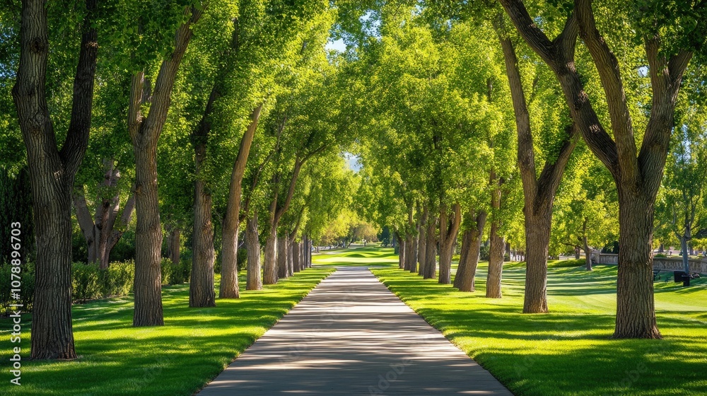 Lush Green Tree-Lined Pathway in a Serene Park Setting Surrounded by Vibrant Foliage and Sunshine on a Perfect Day for a Leisurely Stroll or Jogging Lush Green Tree-Lined Pathway in a Serene Park Setting Surrounded by Vibrant Foliage and Sunshine on a Perfect Day for a Leisurely Stroll or Jogging