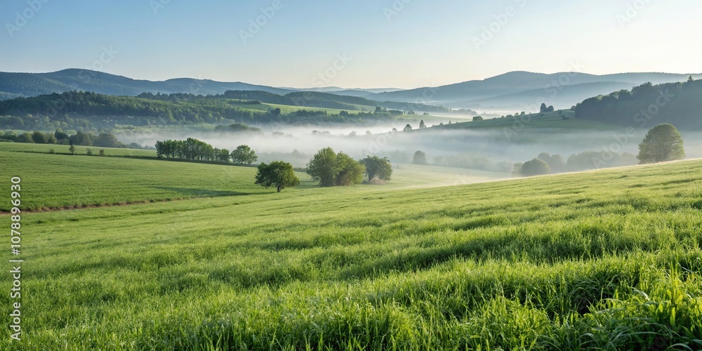 Obraz premium A lush green meadow with a subtle mist covering the grass, creating an ethereal atmosphere, peaceful, meadow, serene, scenery, green background