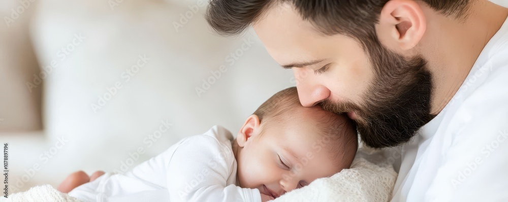 A loving father cradles his newborn baby, sharing a tender moment of affection and connection in a cozy setting. A loving father cradles his newborn baby, sharing a tender moment of affection and connection in a cozy setting.