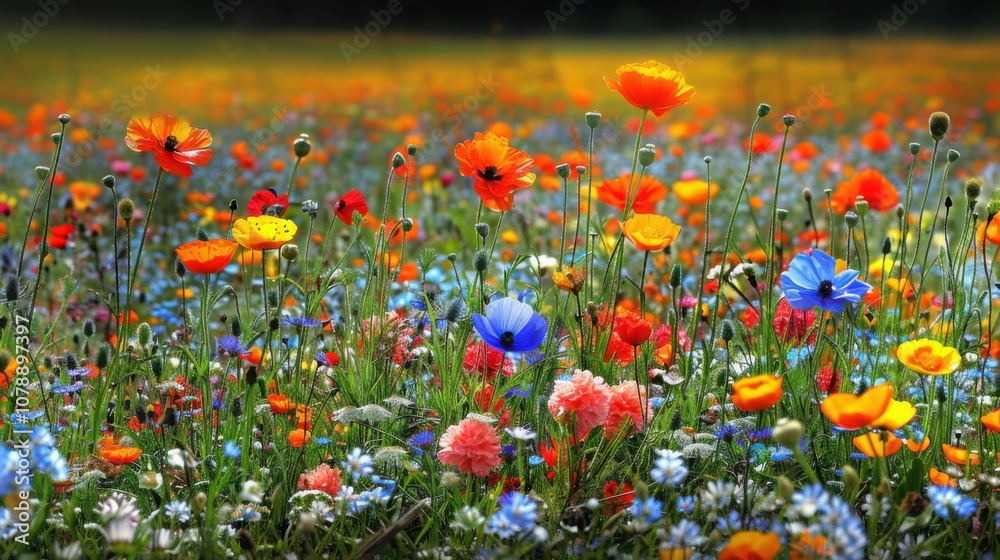Fototapeta premium A wildflower meadow filled with poppies, cornflowers, and daisies, creating a vibrant tapestry of colors against a natural green backdrop.