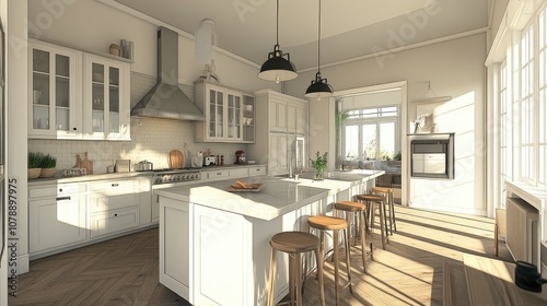 Bright and Spacious Modern Kitchen with White Cabinets, Island Counter, Wooden Bar Stools, and Large Windows for Natural Light