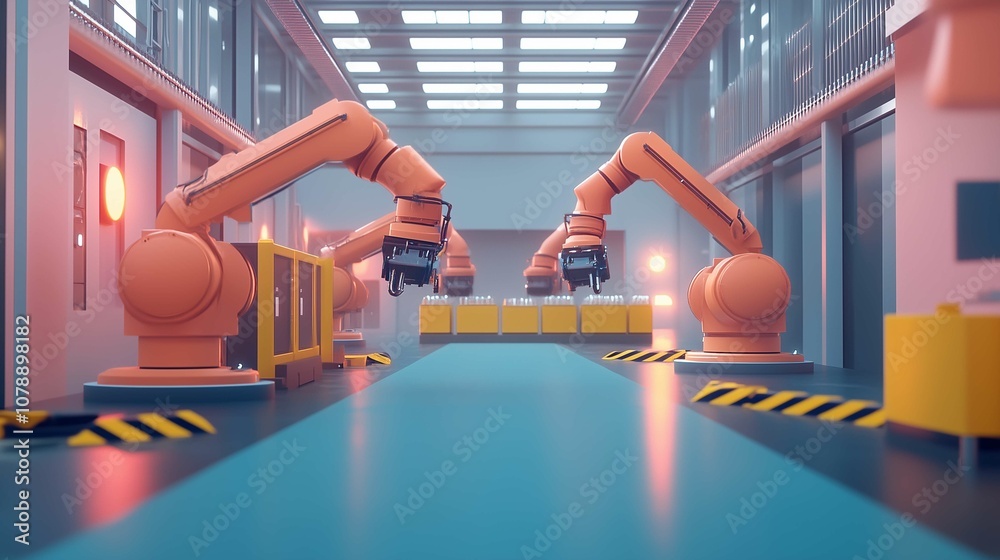 Naklejka premium An industrial smart factory 4.0 concept utilizing heavy automation robot arms 