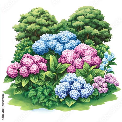 A vibrant illustration of blooming hydrangeas in shades of blue, pink, and purple, surrounded by lush greenery.