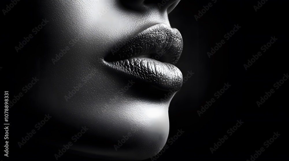 A close-up, black-and-white portrait of a woman s lips and chin, her mouth partially open, with shadows creating a sense of mystery and drama. No text, no logo, wide angle shot, cinematic scene, 4k A close-up, black-and-white portrait of a woman s lips and chin, her mouth partially open, with shadows creating a sense of mystery and drama. No text, no logo, wide angle shot, cinematic scene, 4k