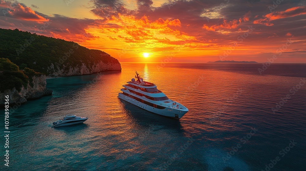Fototapeta premium A luxury yacht anchored at sunset near a coastal landscape.