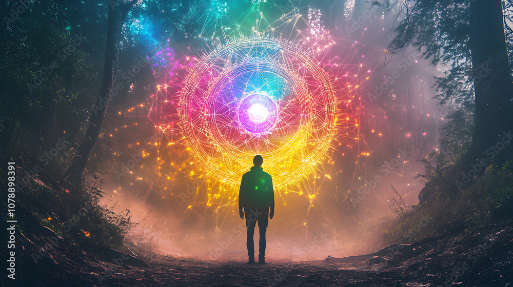 Digital dreamcatcher ritual, AI spirit guide manifestation, geometric light mandala, quantum mist, technoshaman interface Digital dreamcatcher ritual, AI spirit guide manifestation, geometric light mandala, quantum mist, technoshaman interface