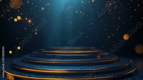 A circular podium with a golden trim and a blue background, lit by a spotlight and surrounded by glittering particles.