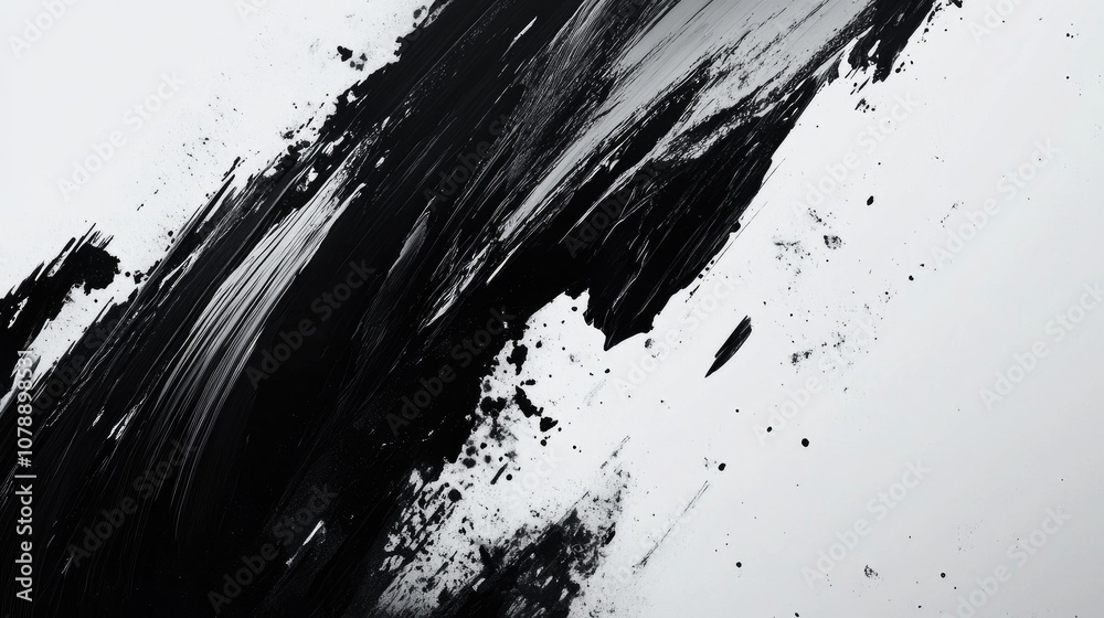Abstract black and white paint strokes creating dynamic motion, showcasing a blend of texture and contrast against a neutral background for artistic and design uses.