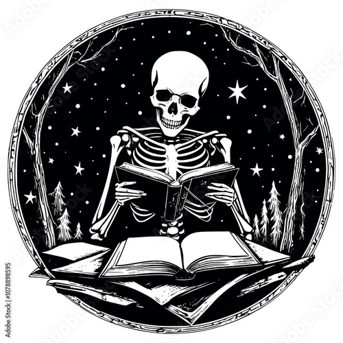 skeleton reading a book silhouette black vector the white background