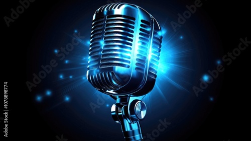 Shining Retro Microphone in Spotlight with Blue Glowing Effects on Black Background for Music and Vocal Performance Themes