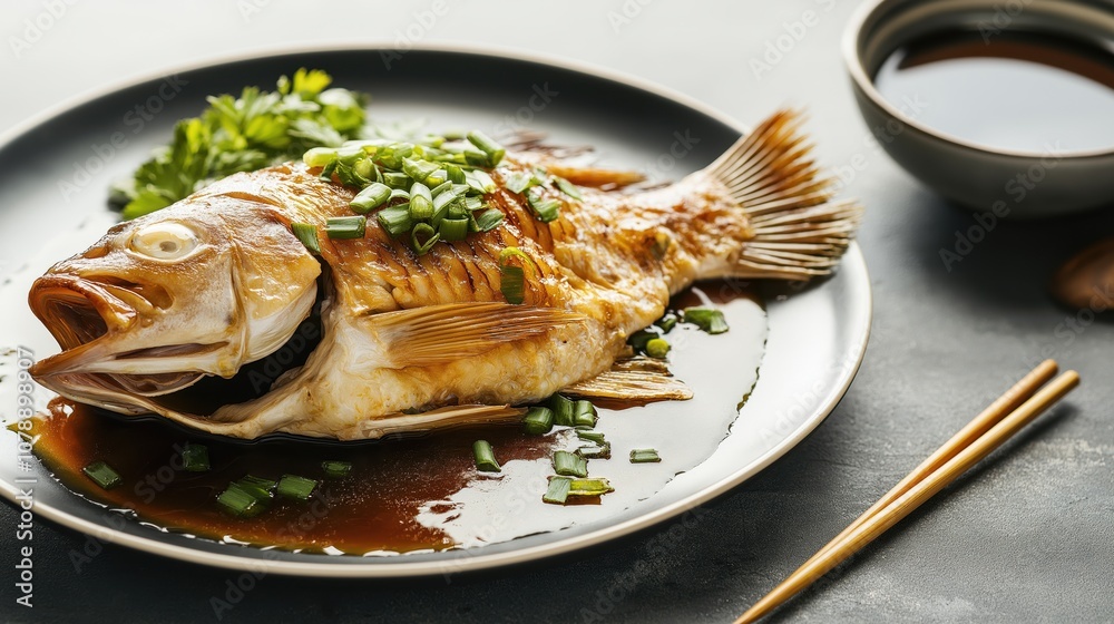 Whole steamed fish garnished with green onions Whole steamed fish garnished with green onions