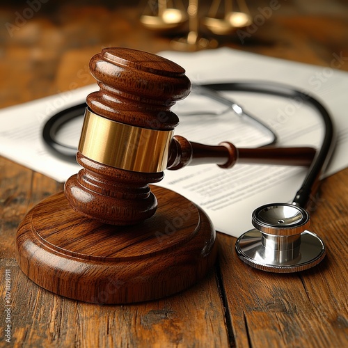 A wooden gavel and a stethoscope on a document, symbolizing the intersection of law and medicine.