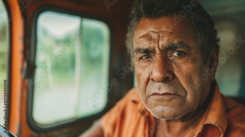 A hispanic man in a car with a serious expression / Latin American culture