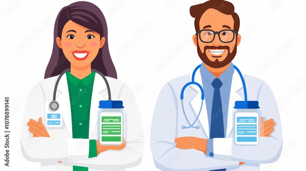 Two smiling doctors in lab coats, each holding a jar of pills, standing side by side. Two smiling doctors in lab coats, each holding a jar of pills, standing side by side.