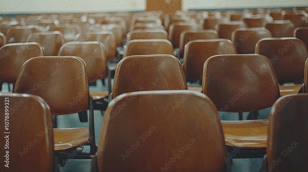 Fototapeta premium Empty classroom with rows of brown chairs, evoking sense of solitude