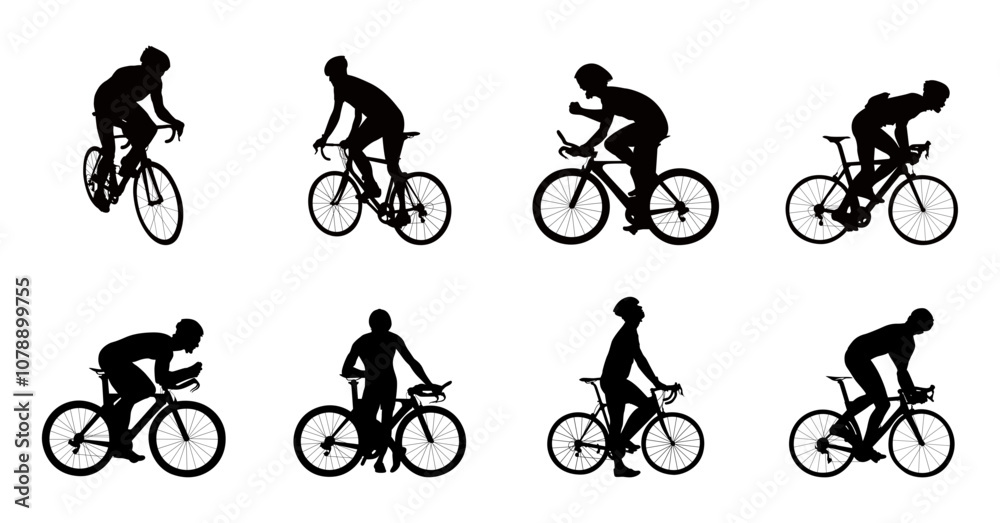 Obraz premium Cyclists vector set. Set of silhouettes of people riding bicycles in different positions.