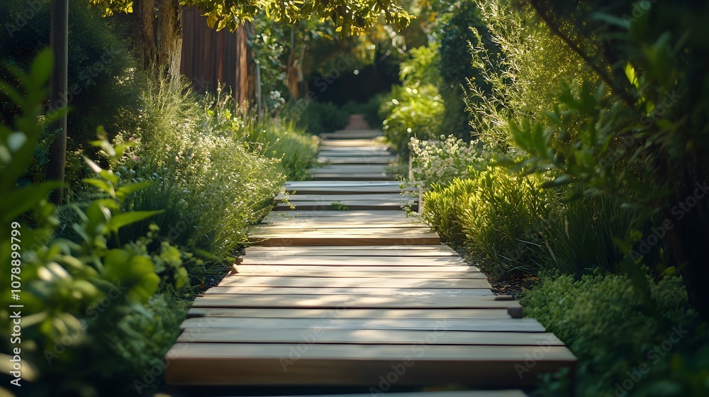 A pathway lined with recycled wood planks, guiding visitors through a lush organic garden with native plants and herbs. Cinematic Scene, 4k resolution, cinematic scene A pathway lined with recycled wood planks, guiding visitors through a lush organic garden with native plants and herbs. Cinematic Scene, 4k resolution, cinematic scene
